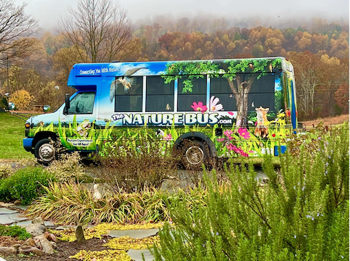 The Nature Bus parked in a botanical garden with Blue Ridge fall foliage in background